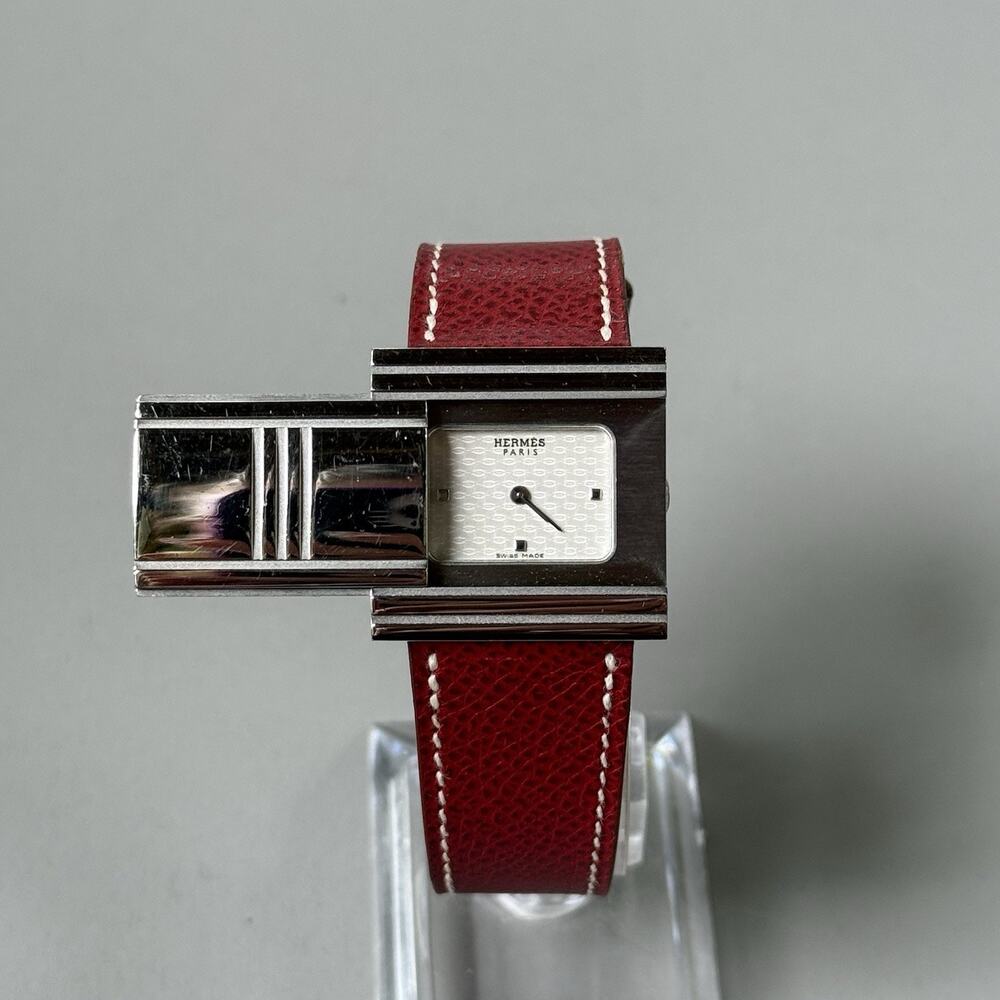 Hermes Glissade Watch Red Epsom Leather Stainless Steel Adjustable With Box